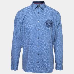 Balmain Blue Printed Cotton Logo Embroidered Button Front Shirt XL