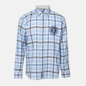 Balmain Blue Checked Cotton Logo Embroidered Button Front Shirt XL