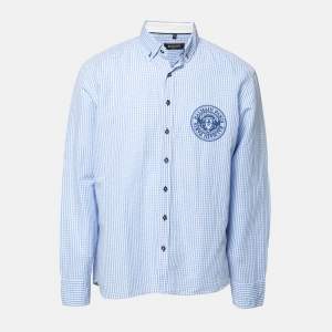 Balmain Blue Checked Linen & Cotton Logo Embroidered Button Down Shirt XL