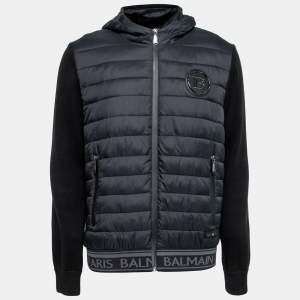 Pre Owned Balmain Black Synthetic & Knit Paneled Hooded Zip Front Jacket XXL