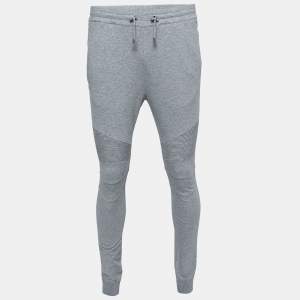 Balmain Grey Cotton Ribbed-Paneled Jogger Pants M