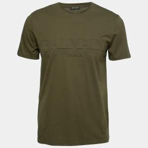 Balmain Olive Green Cotton Logo Embossed Short Sleeve T-Shirt M