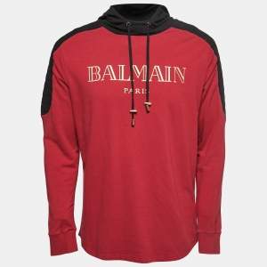 Balmain Red and Black Logo Printed Cotton Knit Hoodie M