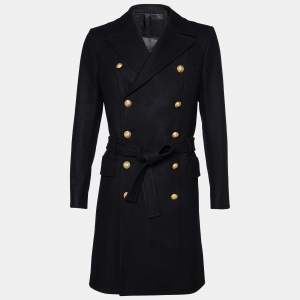 Balmain Black Wool & Cashmere Double Breasted Belted Long Coat M