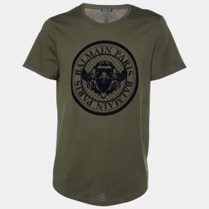 Pre Owned Balmain Olive Green Velvet Coin Logo Crewneck T-Shirt XXL