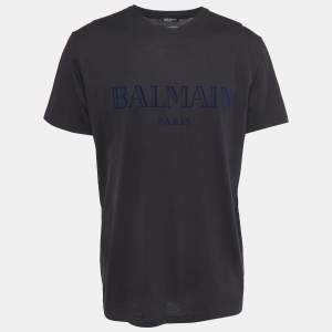 Balmain Black Logo Patch Cotton Crew Neck Half Sleeve T-Shirt XL