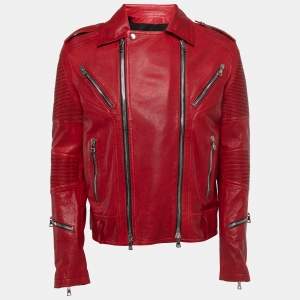 Balmain Red Distressed Leather Moto Biker Jacket L