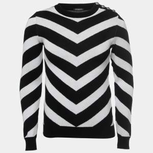 Balmain Monochrome Striped Knit Crew Neck Sweatshirt XS
