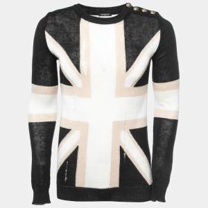 Balmain Black/Beige Knit Rip Detail Union Jack Sweater XS