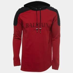 Balmain Red and Black Logo Printed Cotton Knit Hoodie M