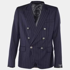 Pre Owned Balmain Navy Blue Pinstriped Wool Double Breasted Blazer L