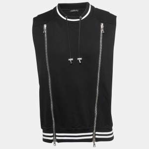 Balmain Black Cotton Knit Sleeveless Zip Front T-Shirt M