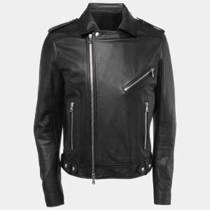 Balmain Black Leather Zip Front Biker Jacket XL