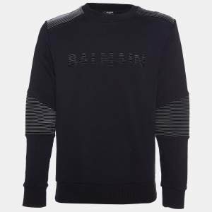 Balmain Black Striped Logo Cotton Knit Sweatshirt M