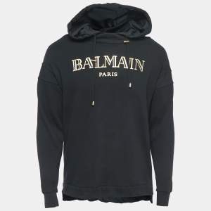 Balmain Black Logo Print Cotton Hooded Sweatshirt M