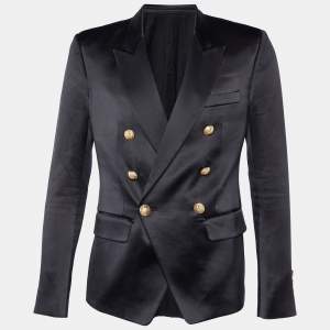 Balmain Black Silk Satin Double Breasted Blazer M