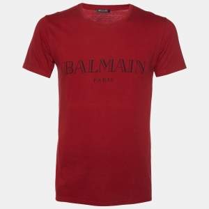 Balmain Red Logo Print Cotton Crew Neck T-Shirt XS