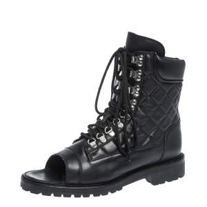 Balmain Black Quilted Leather Lace up Open Toe Boots Size 40
