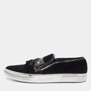 Balmain Black Velvet and Patent Leather Fringe Slip On Sneakers Size 46