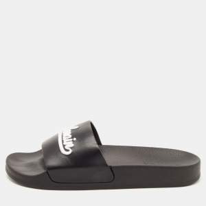 Balmain Black Logo Embroidered Leather Pool Slides Size 40