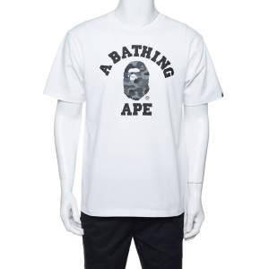 A Bathing Ape White Camo Logo Print Cotton Crew Neck T-Shirt L