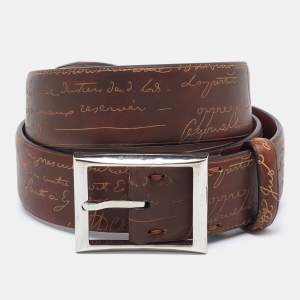 Berluti Brown Scritto Leather Classic Buckle Belt 85CM