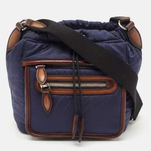 Berluti Navy Blue/Brown Scritto Venezia Nylon and Leather Drawstring Messenger Bag