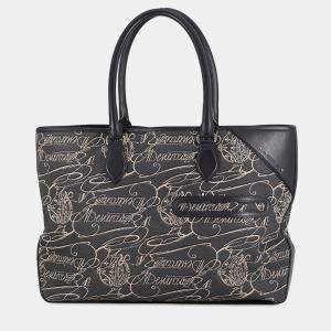 مملوكة مسبقًا حقيبة تسوق برلوتي كاليجرافي حقيبة يد قماش جلدي أخضر/كحلي