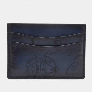 Berluti Blue/Black Scritto Leather Bambou Card Holder 