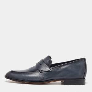 Berluti Blue Leather Lorenzo Scritto Kangaroo Penny Loafers Size 39