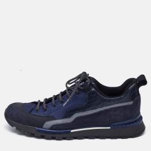 Berluti Navy Blue Canvas and Leather Low Top Sneakers Size 42