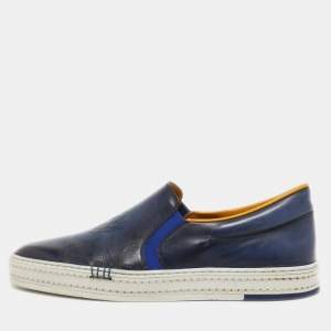 Berluti Blue Leather Eden Scritto Loafers Size 40.5
