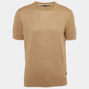 Pre Owned تي شيرت بوس باي هوغو بوس ياقة دائرية حياكة مزيج الكتان بني مقاس صغير (سمول)