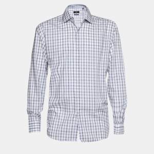 Pre Owned Boss By Hugo Boss Blue & White Checked Cotton Gordon Regular Fit Shirt 4XL