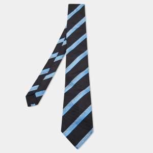 Pre Owned Boss By Hugo Boss Black & Blue Striped Silk Jacquard Tie