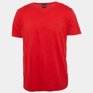 Pre Owned Boss By Hugo Boss Red Logo Print Jersey Crew Neck T-Shirt L