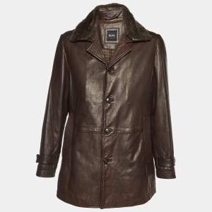 Boss by Hugo Boss Brown Fur Trim Leather Jacket with Vest M