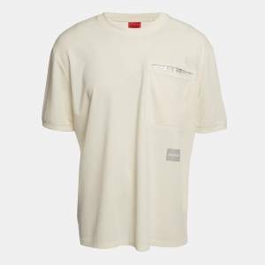 Pre Owned Boss By Hugo Boss Cream Logo Patch Cotton Blend T-Shirt XL 