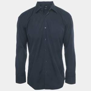مملوكة مسبقًا Boss By Hugo Boss Navy Blue Cotton and Knit Trim Slim Fit Shirt L