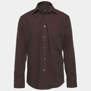 Pre Owned Boss By Hugo Boss Brown Striped Long Sleeve Shirt L