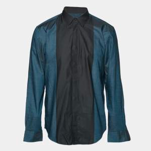 Pre Owned Boss By Hugo Boss Black/Teal Blue Cotton Slim Fit Shirt XL