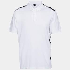 Pre Owned تي شيرت بولو بوس باي هوغو بوس شريطة شعار بيكيه أبيض مقاس كبير جدًا