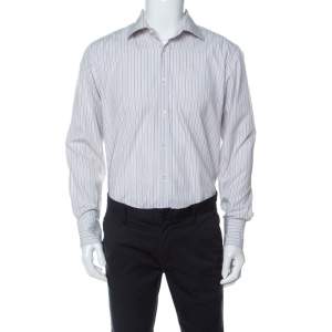 Boss by Hugo Boss White Striped Cotton Button Front Shirt L