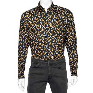 Pre Owned Boss By Hugo Boss Black Printed Linen Relegant Regular Fit Shirt M