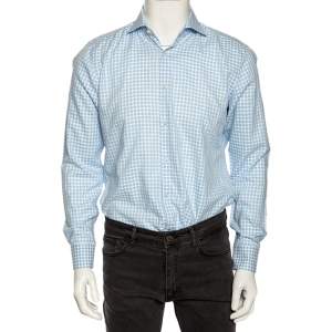 Boss Hugo Boss Blue Checkered Cotton Slim Fit Shirt M