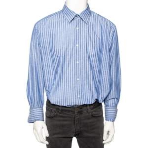 Pre Owned Boss By Hugo Boss Blue Striped Cotton & Linen Regular Fit Shirt XXXL