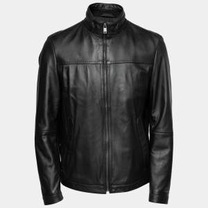 Pre Owned Boss By Hugo Boss Black Leather  Zip Front Nilas_1 Biker Jacket L