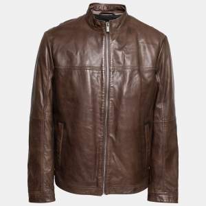 Pre Owned Boss By Hugo Boss Brown Leather Laudin Zip Front Jacket L 