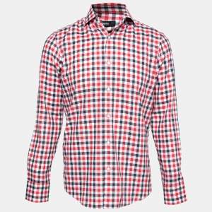 قميص بوس باي هوغو بوس قطن مطبوع كاروهات أحمر/أسود أزرار أمامية مقاس صغير (سمول)