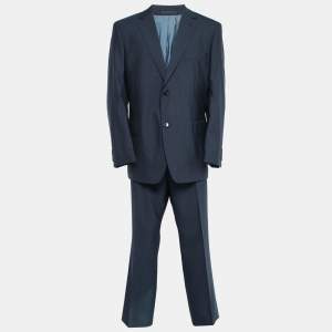 Pre Owned Boss By Hugo Boss Blue Grey Wool Single-Breasted Suit 3XL